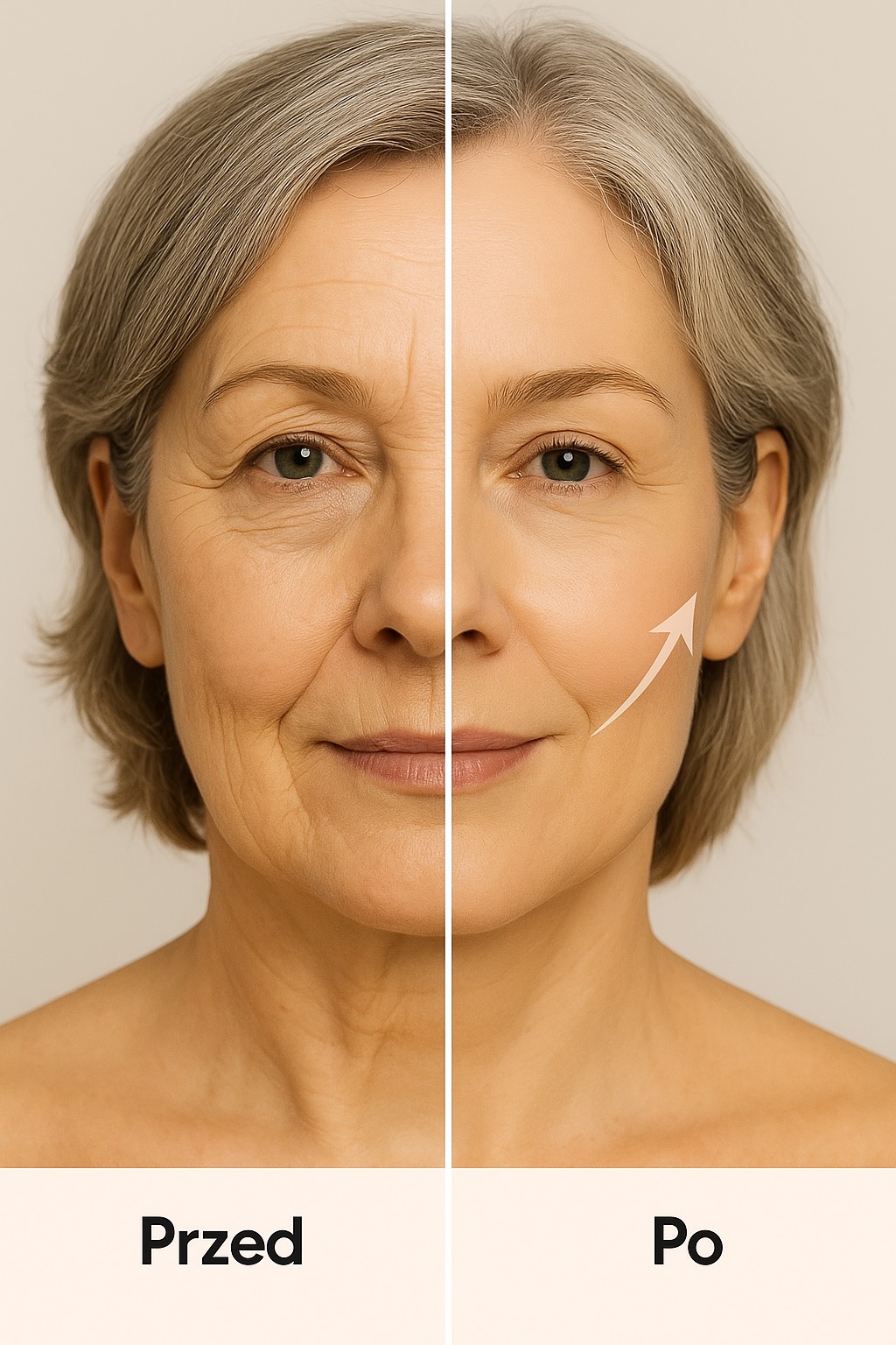 Zdjęcie kobiety przedstawiąjące jej twarz przed i po kuracji maszyną facematic.