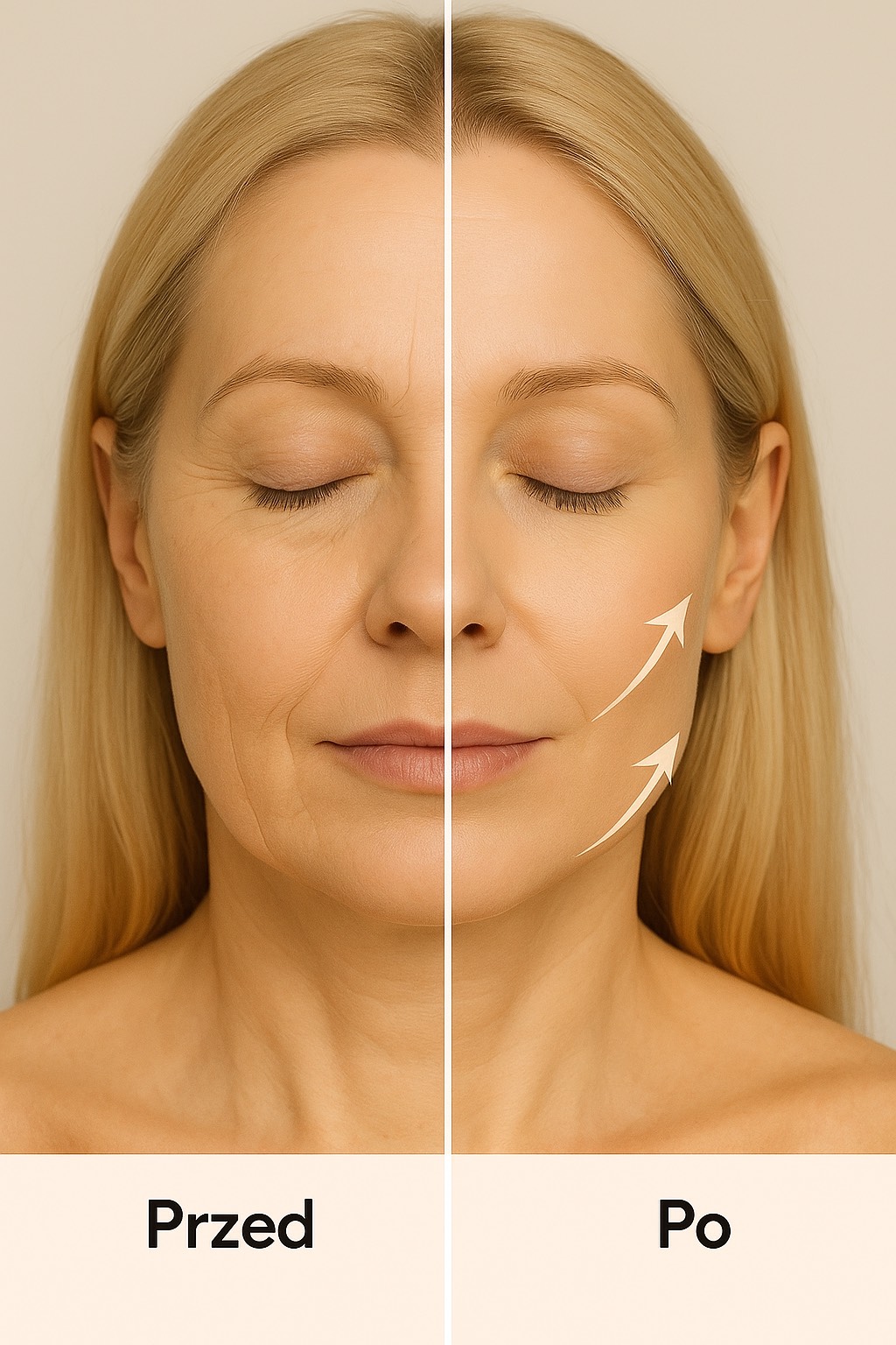 Zdjęcie kobiety przedstawiąjące jej twarz przed i po kuracji maszyną facematic.