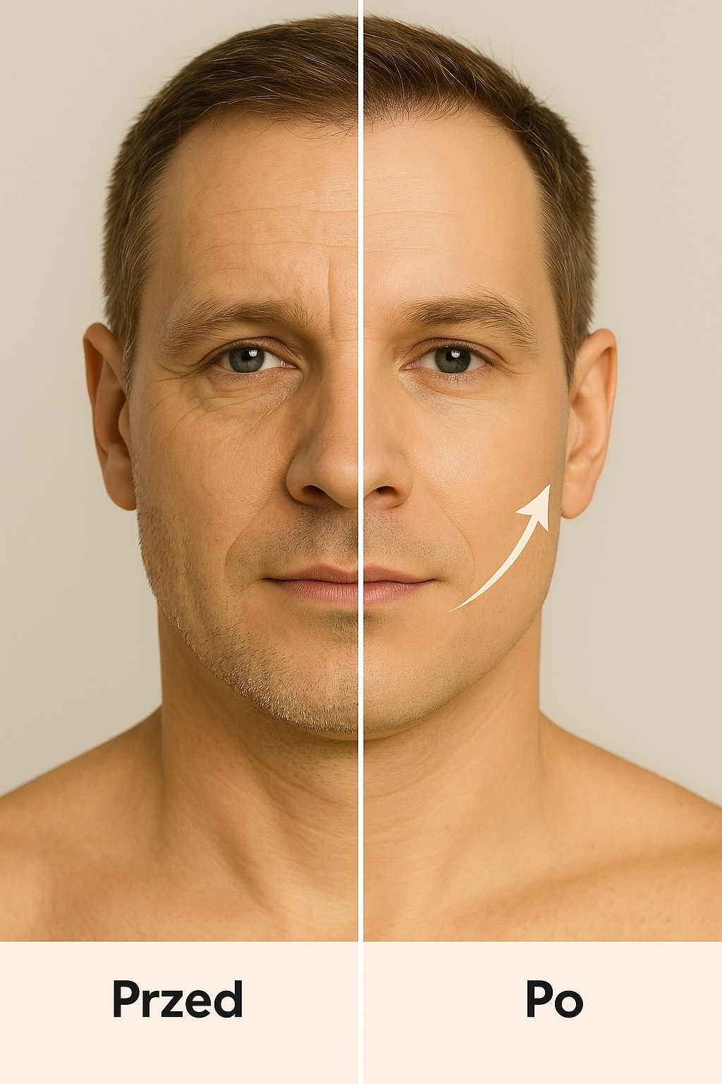 Zdjęcie męższczyzny przedstawiąjące jego twarz przed i po kuracji maszyną facematic.